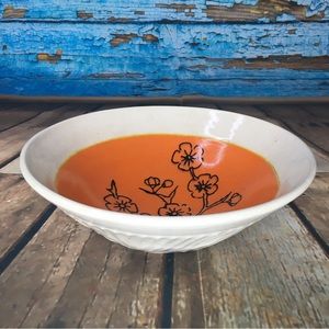Handmade Cherry Blossom Ceramic Serving Bowl & Orange Interior & Crackle Glaze